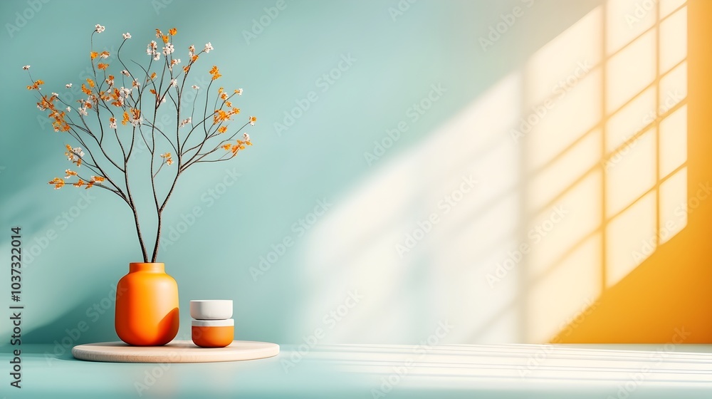 Poster vivacious 3d studio scene with diverse hues uncluttered floor and wall hosting product display inter