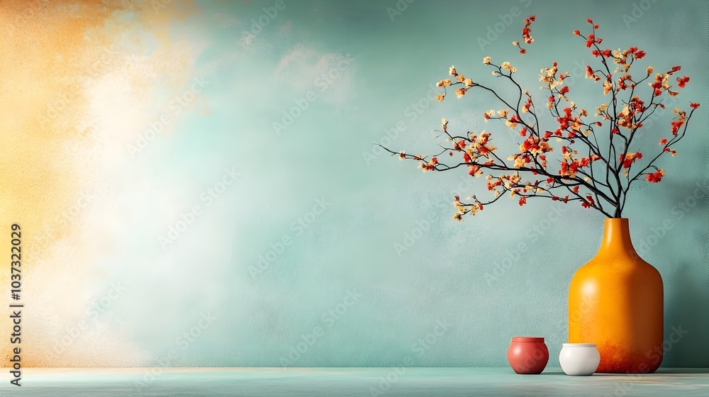 Poster vivacious 3d studio scene with diverse hues uncluttered floor and wall hosting product display inter