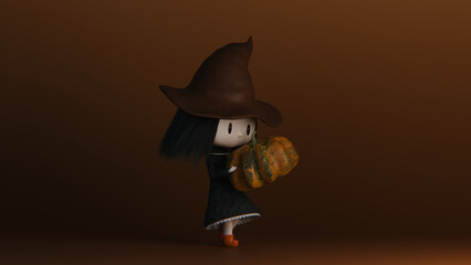 Little chibi witch carries a pumpkin. Cute kawaii witch in hat. Anime style. Halloween trick or treat funny character. Happy Halloween theme. Copyspace background. 3d render, 3d illustration.