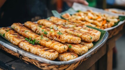 Thai street vendor with grilled sticky rice cakes, tropical setting, local charm, Thai street food, comfort snack