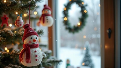 Obraz premium Generative, AI, snowman ornament in red hat hanging on Christmas tree, festive decoration, winter holiday atmosphere.
