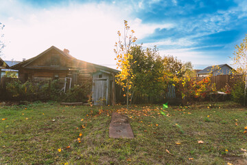 Golden autumn in the garden. Harvesting. Preparing for the winter season in the vegetable garden. Yellow foliage. Old barn. Rustic natural fall garden. Background with copyspace.