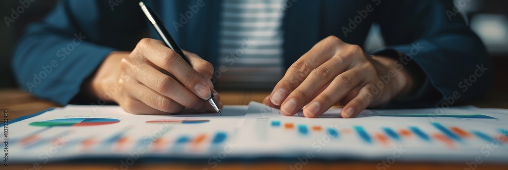 Poster close-up of a person writing on a financial report with colorful graphs and charts, highlighting bus