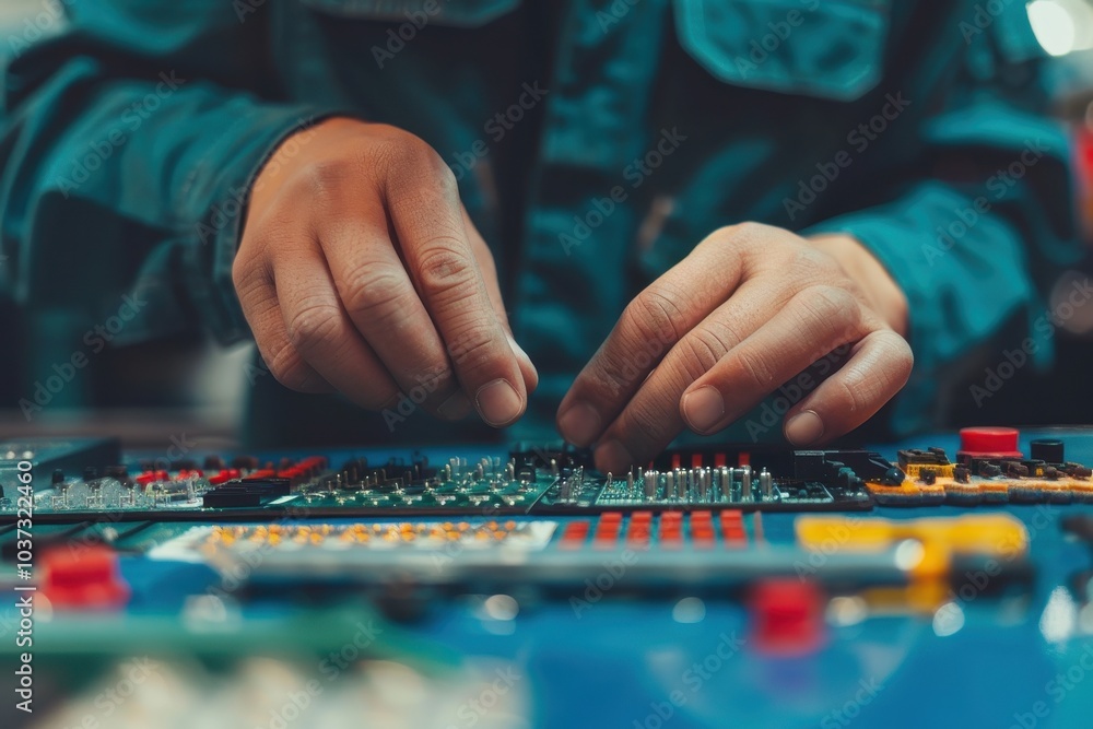 Poster close-up of a person's hands working on a circuit board, focusing on precision and electronics repai
