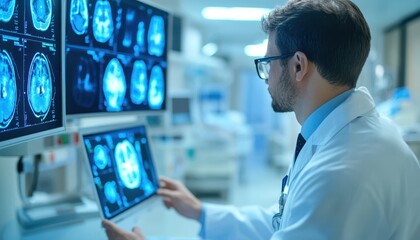 A doctor analyzes brain scans on multiple screens in a modern medical facility.
