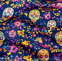 Naklejka premium A vibrant seamless pattern of colorful sugar skulls and flowers