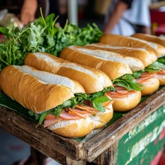 Vietnamese street vendor making banh mi, fresh herbs, rustic cart, local market, Vietnamese cuisine, traditional flavors