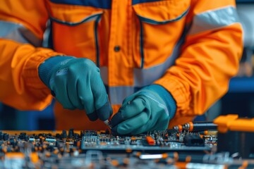 Close-up of a technician in protective gear working on electronic components in a workshop, showcasing precision and technical expertise.