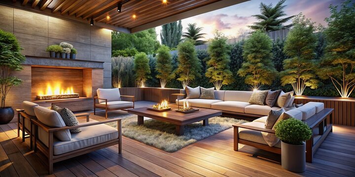Modern Cozy Terrace with Fireplace - Long Exposure Evening Ambiance for Relaxation and Outdoor Living