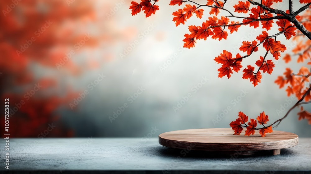 Poster rustic wooden platform showcased on a tabletop with vibrant red maple foliage in the background set 