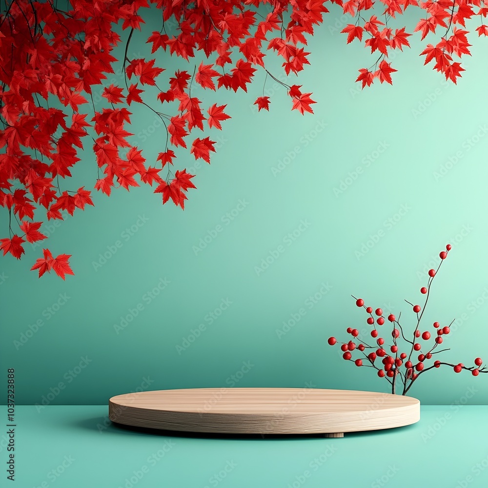 Poster elegant wooden dais resting on a surface with vibrant red maple foliage hanging gracefully in the ba