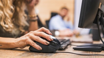 Crop mature businesswoman using computer mouse on desk in office