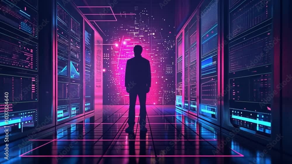 Fototapete a person stands in a visually striking digital corridor, illuminated by vibrant neon lights. tall se