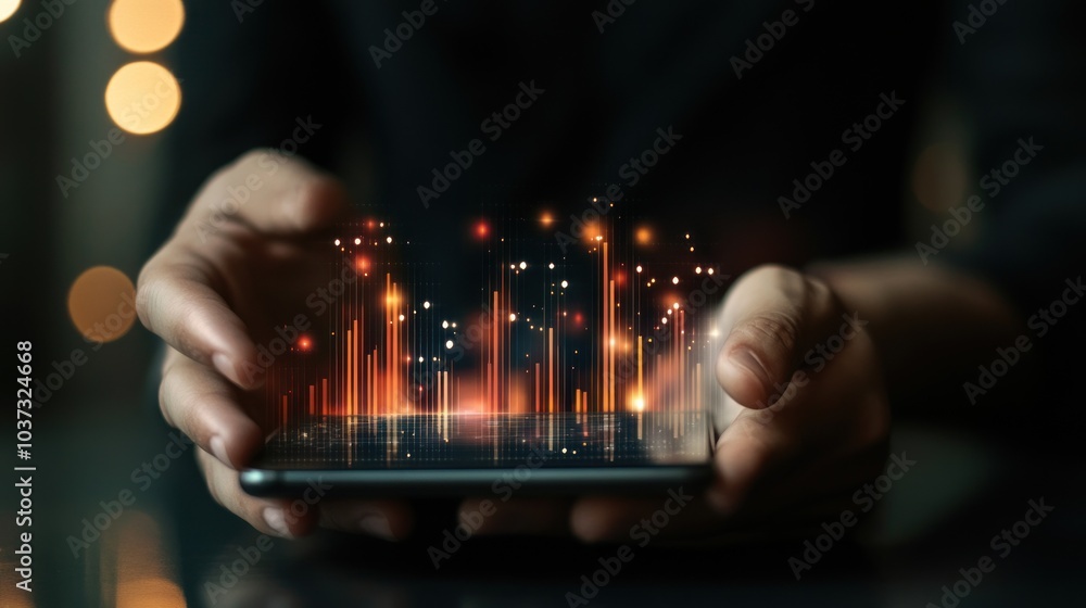 Poster a person holds a smartphone displaying vibrant data visualizations and glowing elements.