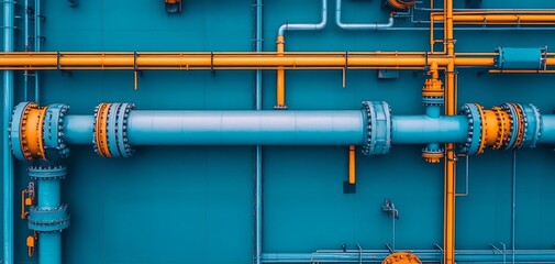 A vibrant industrial scene featuring interconnected pipes in blue and orange hues against a teal background