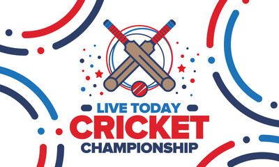 Cricket Championship. Match Day. Cricket bat and cricket ball. Tournament play-off and final. Sport game, professional competition. Play for win. Cricket match score. Fitness and recreation poster