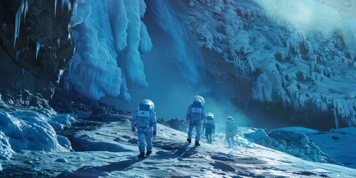 A group of tourists in spacesuits exploring the icy geysers of Enceladus, one of Saturn's moons.