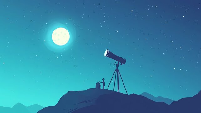 Stargazer observing the moon through a telescope on a clear night.
