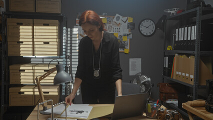 Redheaded woman detective working in a cluttered police station office, analyzing documents late at...