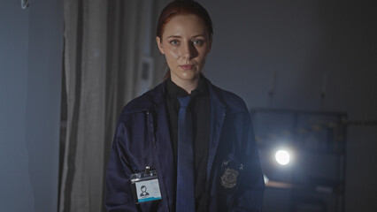 A serious redhead woman officer with badge and id in a dimly lit interior room, looking into the...