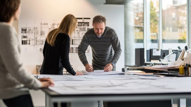 A modern architectural firm studio with architects discussing plans and sketches on a large drafting table, Architectural studio scene, Creative collaboration style