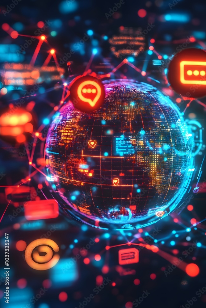 Poster A vibrant digital globe with interconnected icons and colorful data streams, representing global communication and technology.