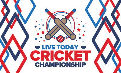 Cricket Championship. Match Day. Cricket bat and cricket ball. Tournament play-off and final. Sport game, professional competition. Play for win. Cricket match score. Fitness and recreation poster