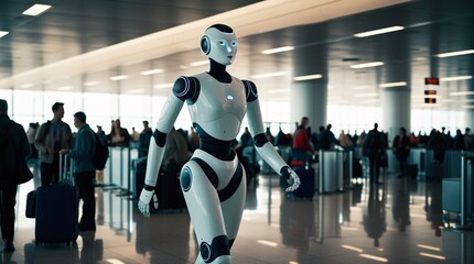 In a bustling airport terminal, a humanoid robot navigates through crowded spaces, providing assistance to travelers and enhancing the passenger experience amidst various luggage and people