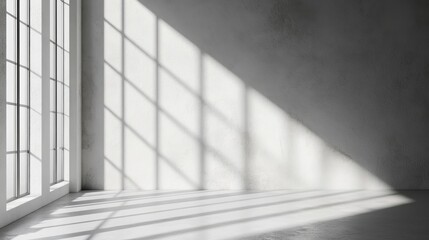 abstract. minimalistic background for product presentation. walls in  large empty room greyish white. can full of sunlight. Loft wall or minimalist wall. Shadow, light from windows to plaster wall.