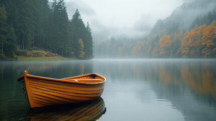 small wooden boat floats quietly on lake, surrounded by misty mountains and autumn trees, creating serene and peaceful atmosphere