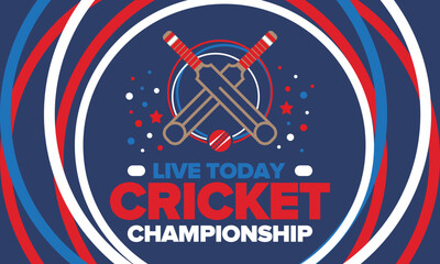 Fototapeta premium Cricket Championship. Match Day. Cricket bat and cricket ball. Tournament play-off and final. Sport game, professional competition. Play for win. Cricket match score. Fitness and recreation poster