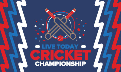 Fototapeta premium Cricket Championship. Match Day. Cricket bat and cricket ball. Tournament play-off and final. Sport game, professional competition. Play for win. Cricket match score. Fitness and recreation poster