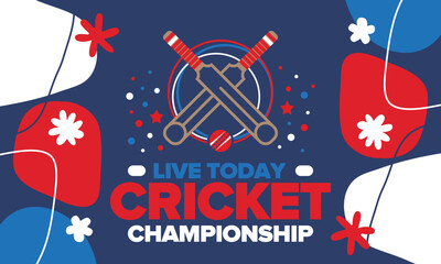 Fototapeta premium Cricket Championship. Match Day. Cricket bat and cricket ball. Tournament play-off and final. Sport game, professional competition. Play for win. Cricket match score. Fitness and recreation poster