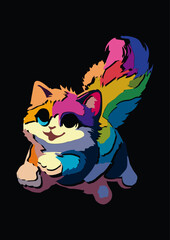 Gato feliz colorido correndo e pulando com fundo preto