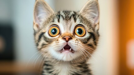 Fototapeta premium surprised cat make big eyes. American shorthair surprised cat or kitten funny face big eyes, cute, domestic, kitten, feline, Emotional surprised, kitty, wow.