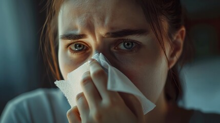 Sick young woman with a runny nose wipes her nose with a napkin. Close-up.