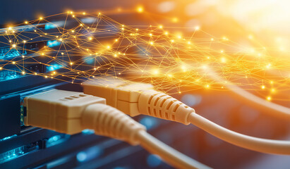 closeup of an internet cable being connected the end port on one side and a
 network switch with blue wires connected in between on top of it is a colorful 
display panel showing data flow, Ai