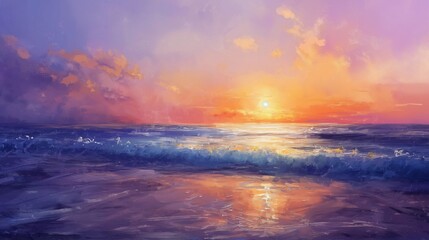  Vibrant sunset over ocean with colorful sky and reflecting light on water surface, serene coastal scene