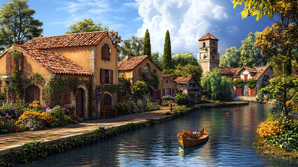 A picturesque riverside village, with quaint houses and lush gardens along the banks.