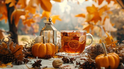 A pumpkin spice tea with an orange landscape