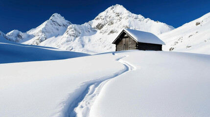 solitary hut surrounded by snow covered mountains and tracks in snow