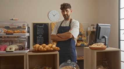 Young caucasian man in a bakery with a variety of pastries and bread on display, standing confidently with arms crossed wearing an apron in an indoor shop setting.