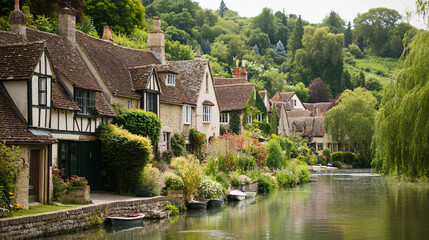 Fototapeta premium A picturesque riverside village, with quaint houses and lush gardens along the banks.