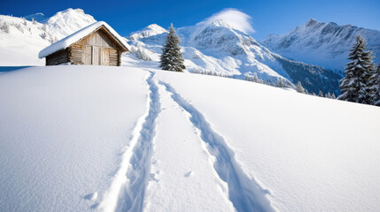Fototapeta premium serene winter landscape with snowshoe tracks leading to small hut
