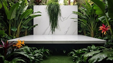 A minimalist marble platform sits in a vibrant garden, encircled by tall tropical plants and colorful flowers, creating an inviting atmosphere for gatherings or photo shoots