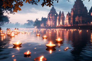 Obraz premium Lit lamps floating on water with a temple in the background. Copy space. Festive background for Diwali.