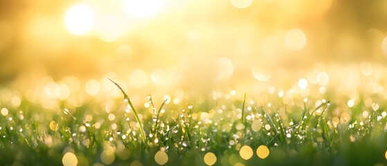 Obraz premium Morning Dew on Grass with Sunlight Glow