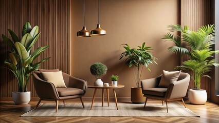 Modern Minimalistic Living Room Interior Mockup with Low Light and Brown Wall for Stylish Backgrounds