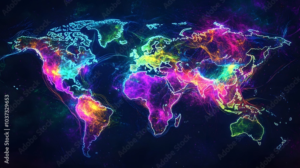 Leinwandbilder A vibrant, abstract depiction of a world map illuminated in multicolored lights, highlighting connections across the globe in a modern visual style.