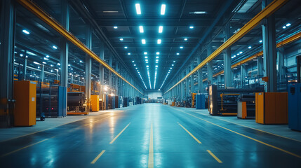 A spacious industrial warehouse with bright overhead lights illuminating long aisle. organized layout features machinery and equipment along sides, creating productive atmosphere